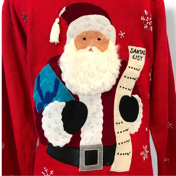 Planet & Company Womens Sz L Ugly Christmas Sweater Cardigan Santa Checking List - Picture 8 of 10